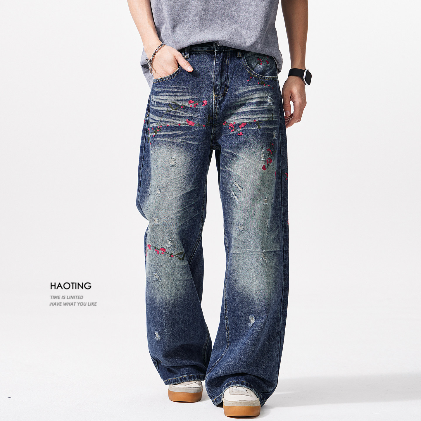 豪霆.美式复古水洗花卉刺绣牛仔裤男士春季宽松直筒破洞阔腿长裤,男装,牛仔裤,淘宝优惠券,粉丝福利购,淘宝优惠卷