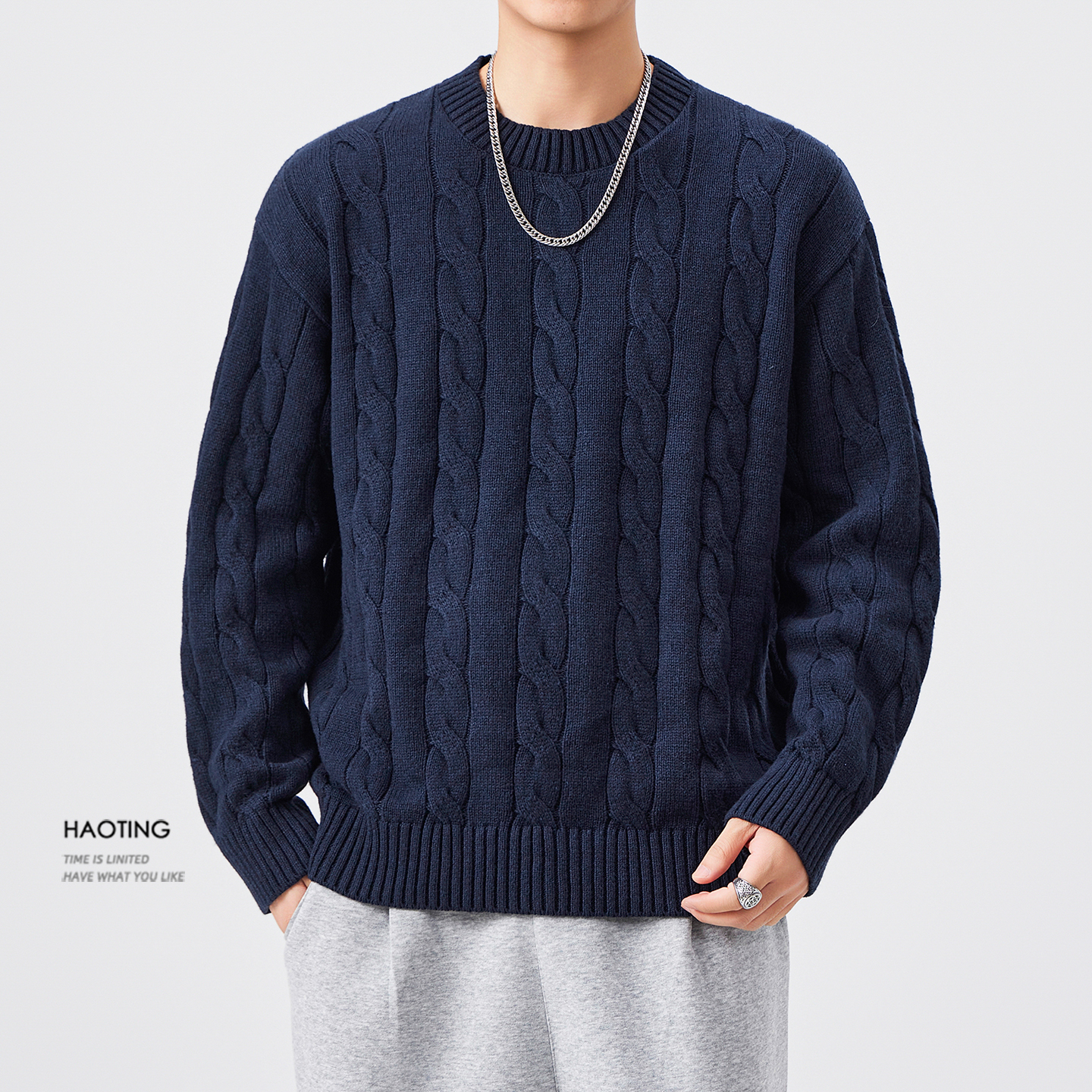 豪霆针织毛衣男圆领宽松保暖毛衫