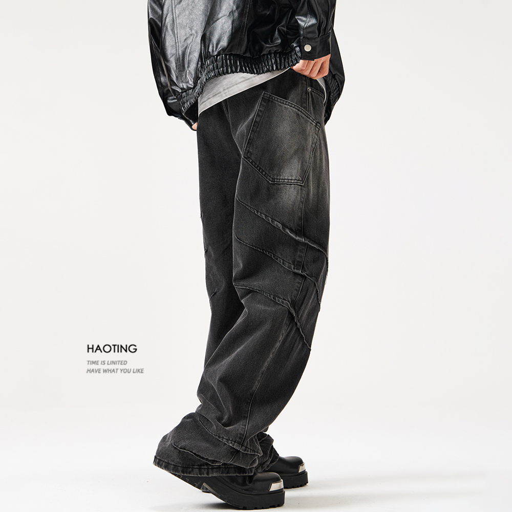 豪霆.设计感抓痕设计黑色阔腿裤