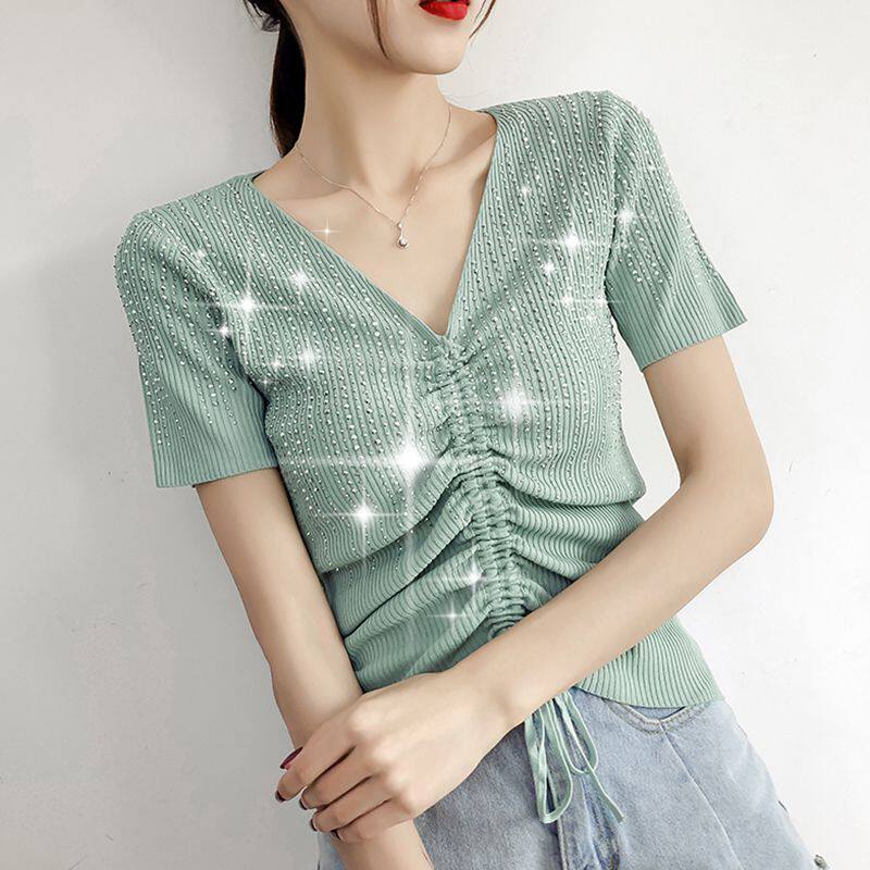 2019夏季新款韩版修身显瘦V领针织衫女短袖T恤配裙子短款抽绳上衣|ruв категории Женская одежда, шерстяной свитер - от Buy2taobao.com для оказания профессиональной услуги покупки агента Taobao