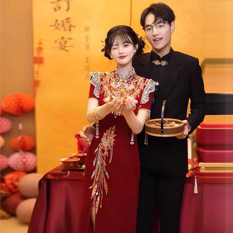 短袖旗袍敬酒服新娘结婚嫁衣新中式订婚服夏季回门礼服秀禾服高级