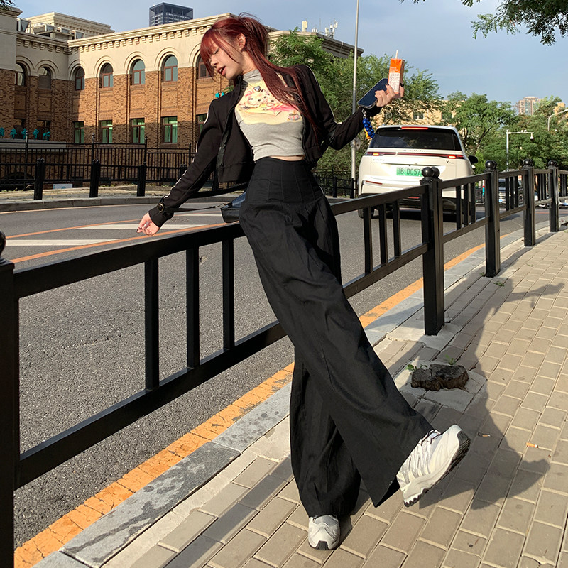 向阳家高腰鱼骨腰封秋冬休闲长裤女棉麻垂坠超阔腿伞形裤加长拖地