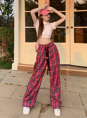 向阳家红色格子休闲阔腿裤女高腰夏季新款美式ins束脚直筒拖地裤