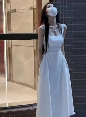 女士吊带白色连衣裙无袖连衣裙女