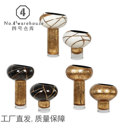 新中式轻奢黑白金箔彩绘斜口高脚琉璃花瓶样板间客餐厅软装饰摆件