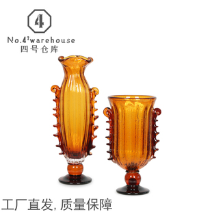 欧式轻奢琥珀色手工裙边琉璃花瓶样板间客餐厅玄关展架软装饰摆件