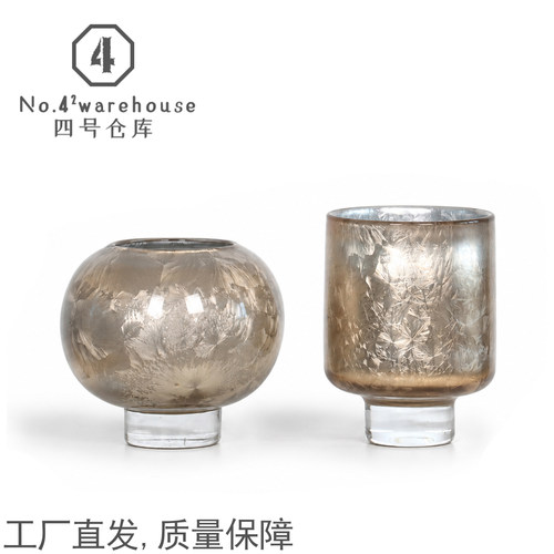 高级感老钱风香槟银箔水晶底琉璃花器样板间酒店会所桌面软装摆件
