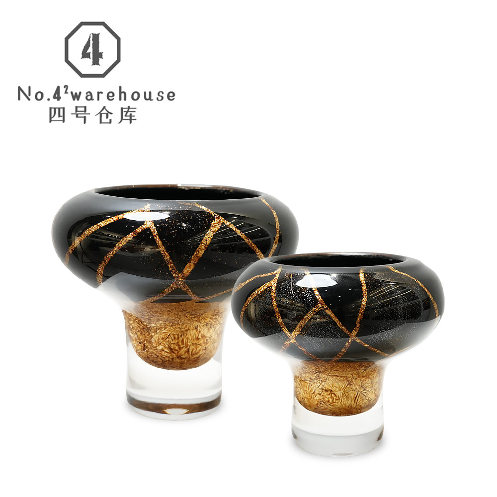 法式轻奢金箔黑色高级感水晶底琉璃花器样板间洽谈室桌面软装摆件