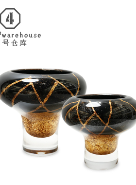 法式轻奢金箔黑色高级感水晶底琉璃花器样板间洽谈室桌面软装摆件