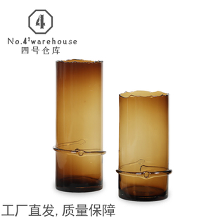 现代简约棕色缠带直筒琉璃花瓶样板间客餐厅玄关插花软装饰品摆件
