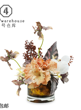 轻奢高档仿真花艺样板间居家酒店洗手台金箔琉璃花器软装饰品摆件