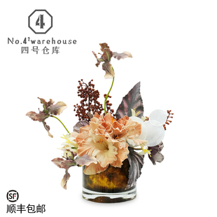 轻奢高档仿真花艺样板间居家酒店洗手台金箔琉璃花器软装饰品摆件