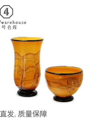 中古风复古橙黄色条纹手工琉璃花瓶样板间书房展架插花软装饰摆件