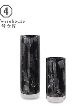 新中式轻奢黑色银箔直筒琉璃花瓶酒店售楼处前台高端装饰插花摆件