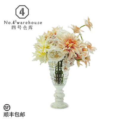 轻奢田园高级感仿真大丽花洋牡丹花艺软装摆件大理石透明水晶花器