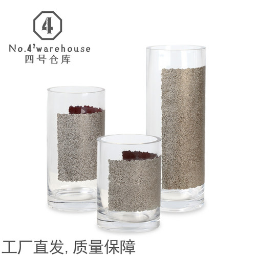 轻奢老钱风透明加厚银箔直筒花瓶样板间客餐厅插花水培软装饰摆件
