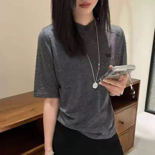 欧洲站2025秋季新款女潮时尚休闲字母刺绣立领短袖羊毛针织衫上衣