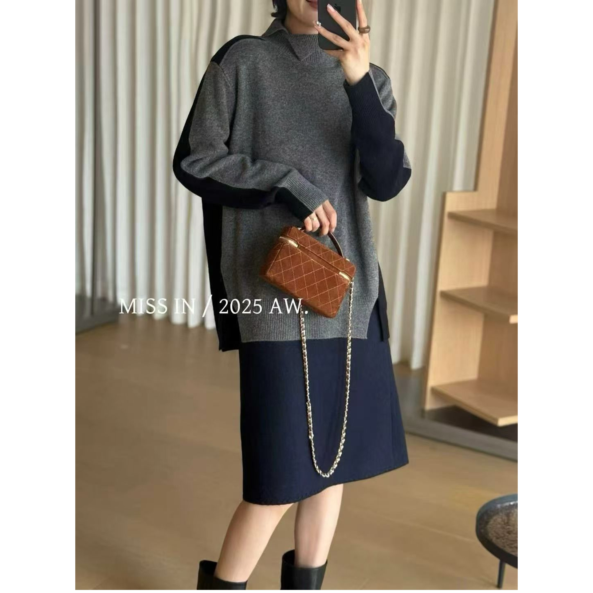 懒散风宽松不规则翻领套头羊毛毛衣针织衫女潮欧洲站2025冬季新款