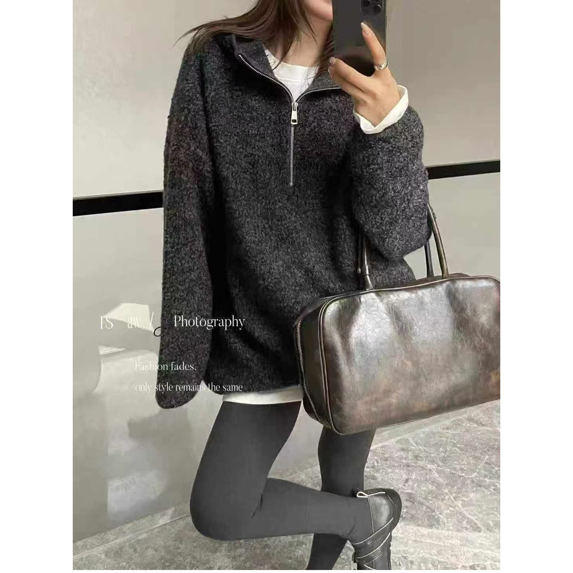 欧洲站2025秋冬新款欧货女潮懒散风宽松半拉链连帽颗粒绒羊毛毛衣
