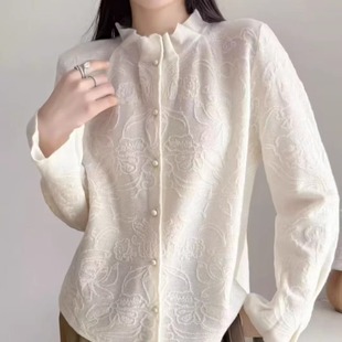 口珍珠扣提花羊毛针织衫 欧货女木耳边领微喇袖 新款 欧洲站2025冬季