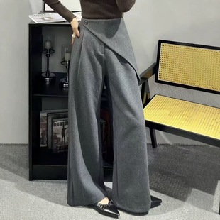 欧货女纯色中腰斜襟搭偏绵羊毛阔腿直筒休闲裤 欧洲站2025冬季 新款