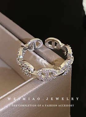 锆石链条猪鼻开口戒指韩国ins时尚小众设计感食指戒轻奢气质手饰