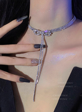 设计感镶钻蝴蝶结流苏项链韩国小众气质时尚颈链百搭ins个性项饰