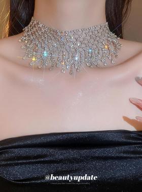 欧美镶钻镂空流苏锁骨链