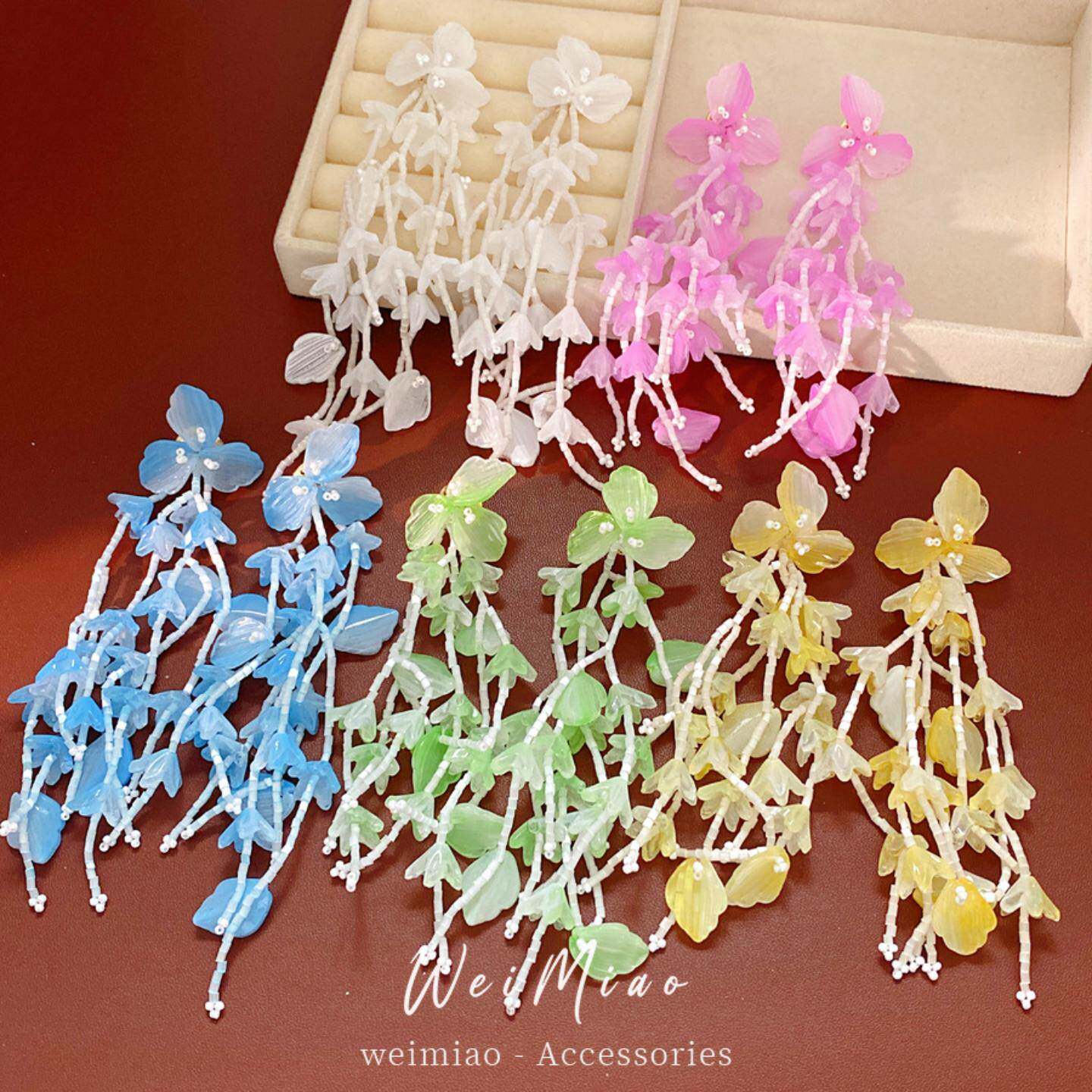 真金电镀银针亚克力花朵流苏耳环