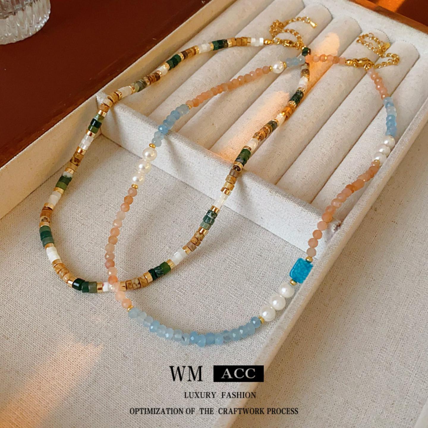 方形海蓝宝珍珠串珠项链个性拼接复古锁骨链高级感气质项饰女