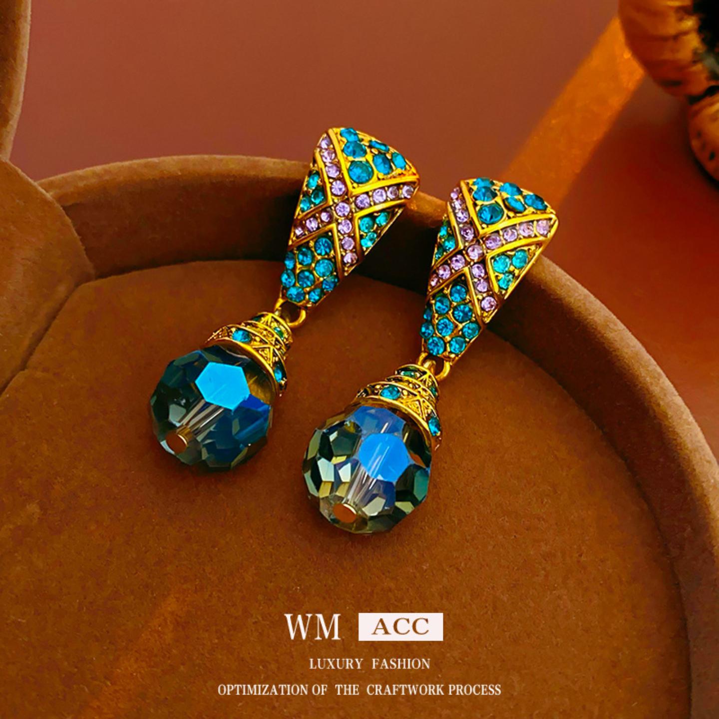中古Vintage银针镶钻蓝水滴耳钉