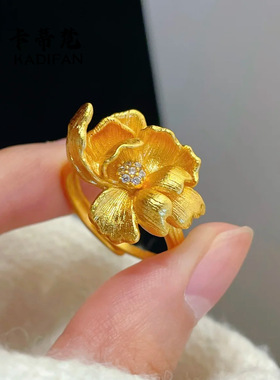 小红书爆款沙金点钻拉丝芍药花戒指新中式立体精工錾刻花朵指环