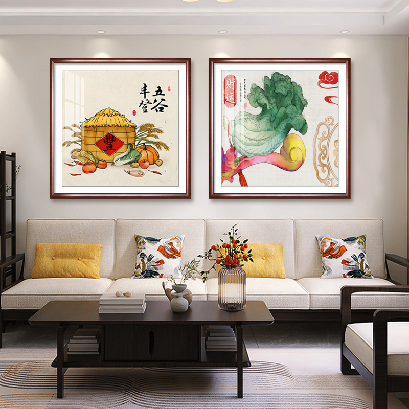 五谷丰登餐厅装饰画新中式寓意好百财挂画入户走廊玄关壁画五牛图图片