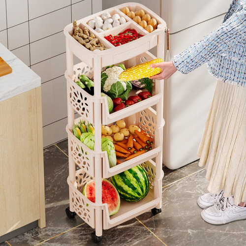 带滑轮落地式厨房塑料蔬菜置物架