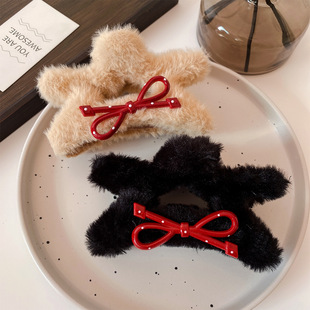 秋冬毛绒五角星抓夹大号蝴蝶结发夹女后脑勺鲨鱼夹子头饰网红