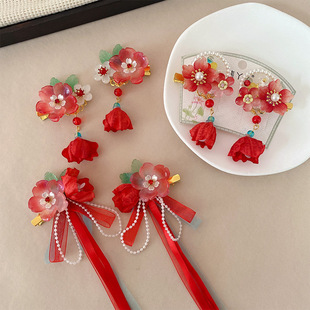 儿童古风发饰红色扇子流苏对夹中国风花朵汉服发夹小女孩带灯