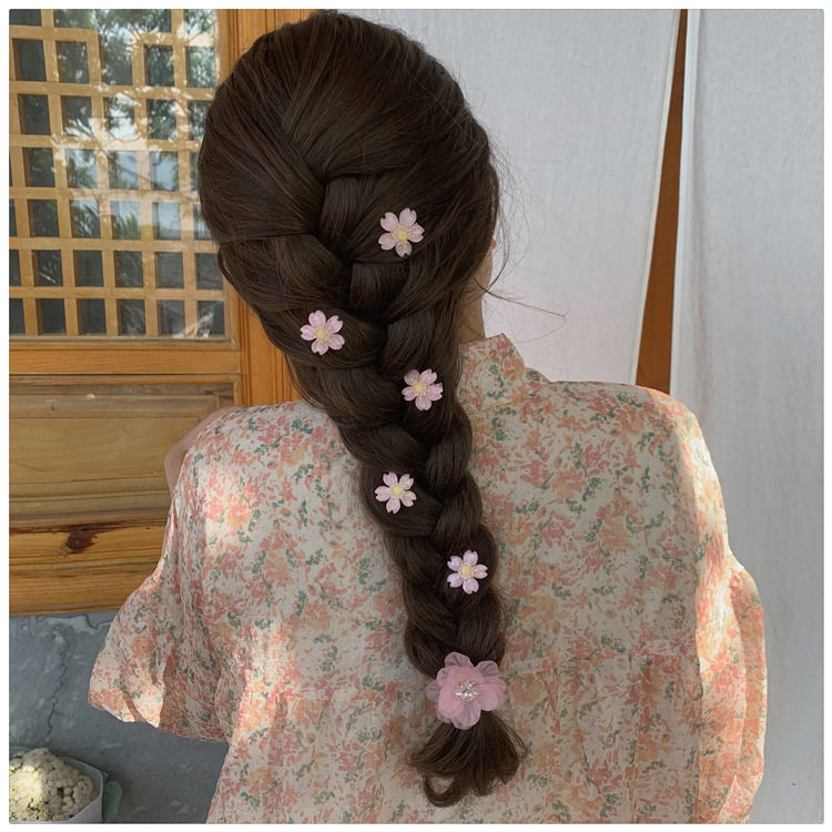 麻花辫发饰发夹点缀辫子装饰粉色花朵可爱甜美少女心侧边夹头饰