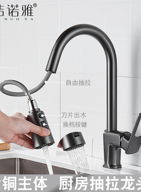 轻奢枪灰色厨房冷热抽拉式洗菜盆水龙头可旋转洗碗池水槽伸缩阳台