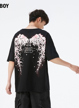 BADBOY男装夏季潮牌情侣款短袖樱花翅膀花卉印花休闲宽松圆领T恤