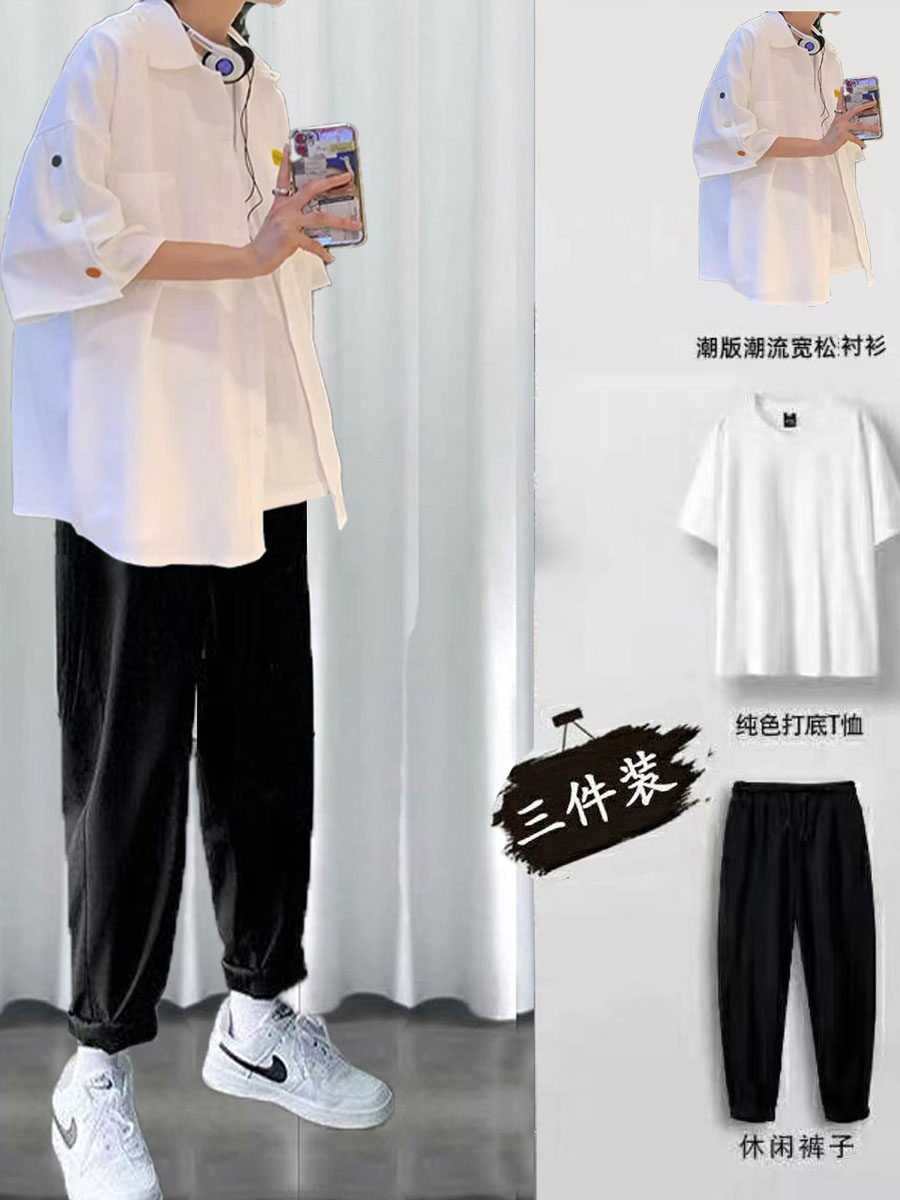 홍콩 스타일 남성 여름 캐주얼 슈트 한국 스타일 트렌디한 반팔 셔츠 반바지와 핸섬 세트 남성 쓰리피스 슈트