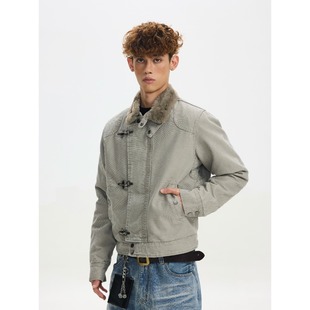 秋冬加厚解构设计飞机扣工装 外套男棉服复古vintage短宽翻领夹克