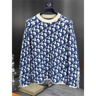 D家字母提花毛衣男士潮牌明星同款秋冬拉链袖休闲百搭圆领上衣潮