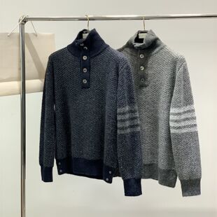 秋冬季潮牌TB毛衣男四杆高领可翻粗针加厚针织衫保暖加厚毛线衣