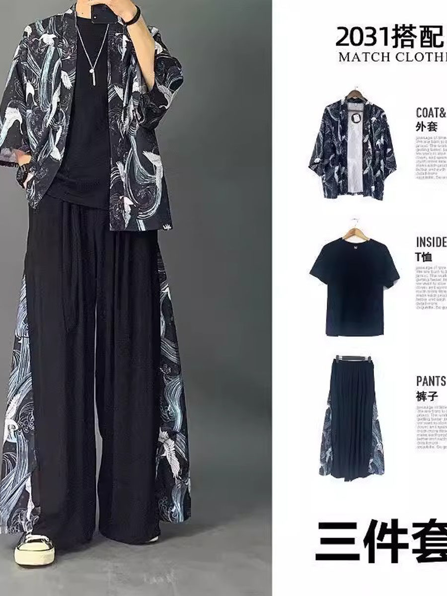 여름 당나라 정장 세 조각 도교 가운 남자 한복 유행 중국 스타일 고대 스타일 민족 스타일 정장 얼음 실크