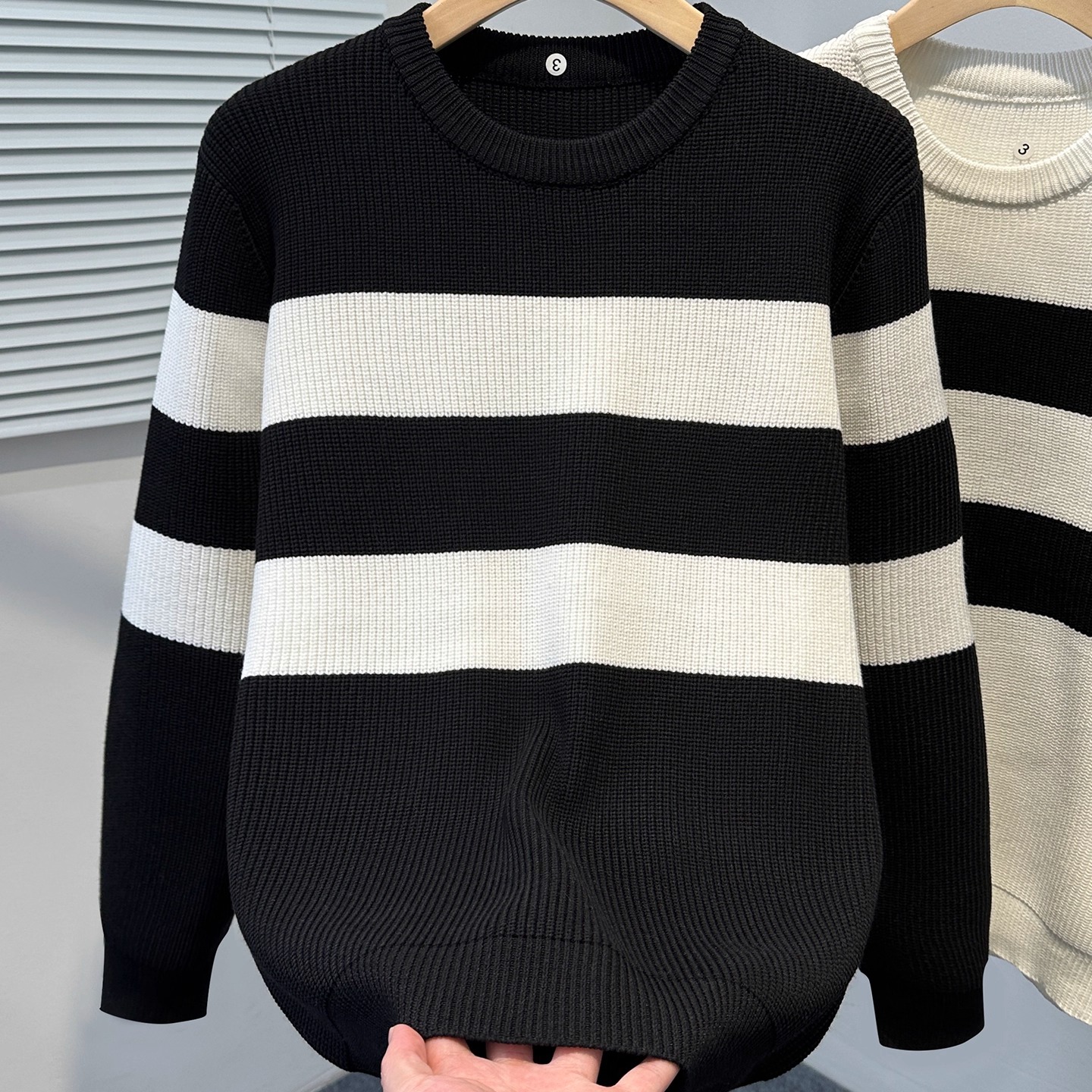 拼色条纹圆领毛衣男款秋冬季韩版宽松针织衫外套运动休闲潮牌上衣