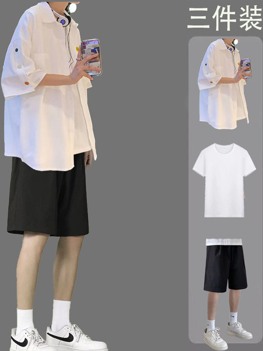 홍콩 스타일 남성 여름 캐주얼 슈트 한국 스타일 트렌디한 반팔 셔츠 반바지와 핸섬 세트 남성 쓰리피스 슈트