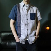 宽松2025夏季薄款拼接撞色短袖亚麻衬衫复古休闲设计男士潮流衬衣