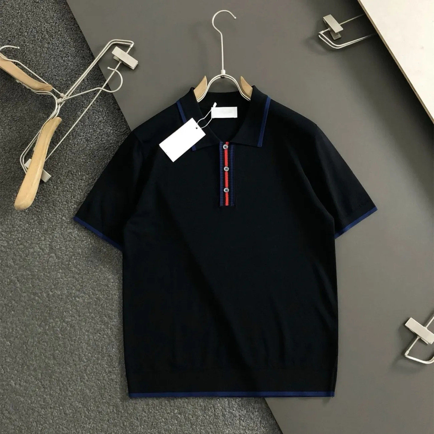 TB夏季新款短袖polo衫男潮牌翻领条纹针织T恤休闲薄款透气半截袖