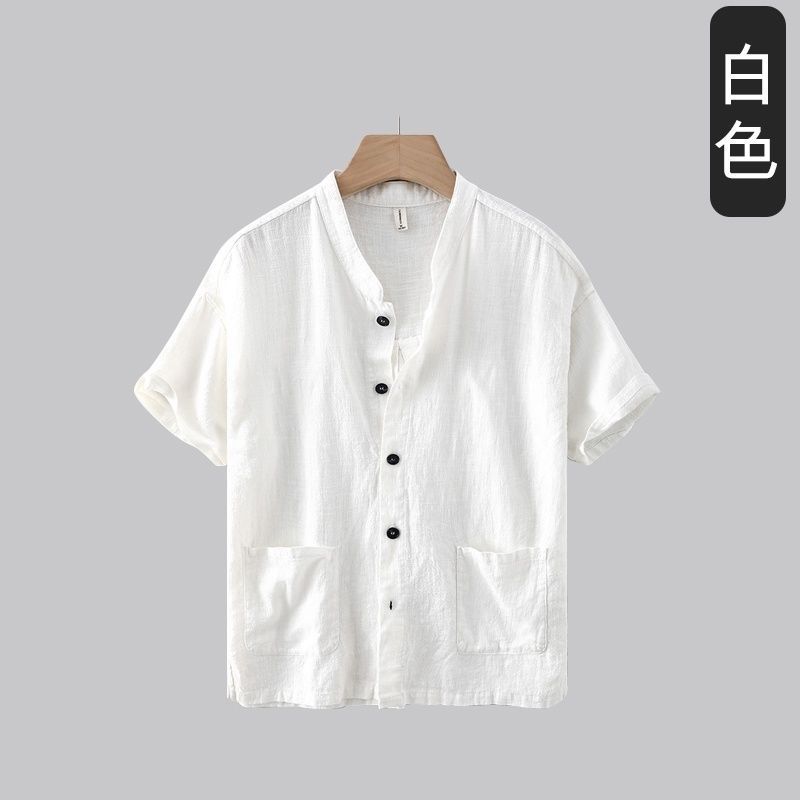夏季简约百搭衬衫新款棉麻薄款2025潮流男士短袖纯色立领男装衬衣