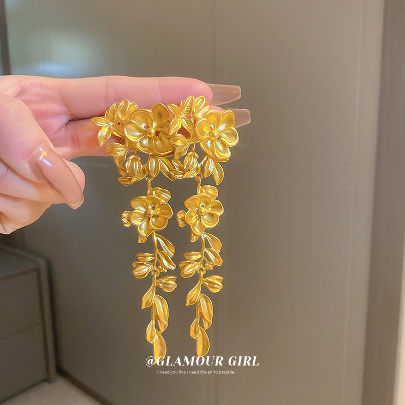 银针花朵树叶流苏耳环欧美夸张重金属风耳坠时尚高级感耳饰女